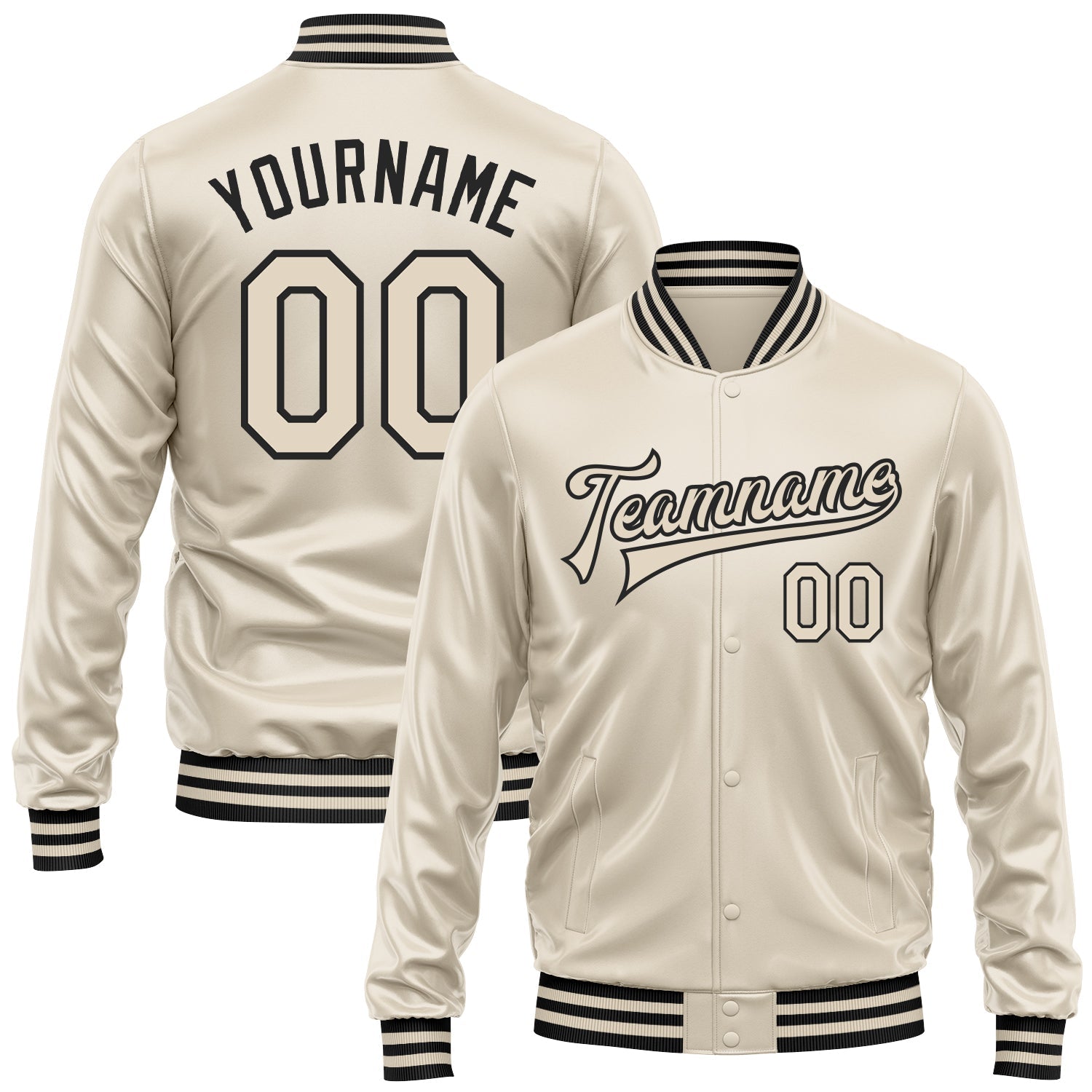 Custom Cream Cream-Black Bomber Full-Snap Varsity Faux Leather Letterman Jacket - Main View