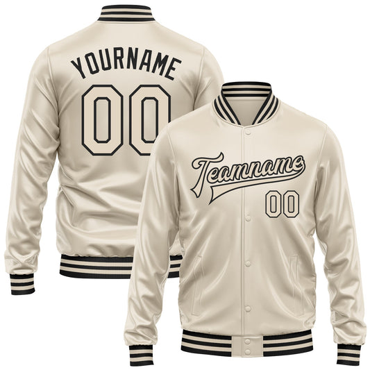 Custom Cream Cream-Black Bomber Full-Snap Varsity Faux Leather Letterman Jacket - Main View