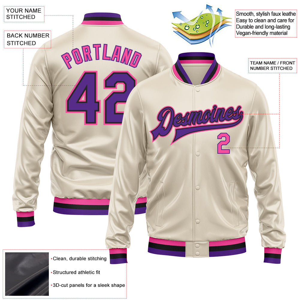 Custom Cream Purple Pink-Black Bomber Full-Snap Varsity Faux Leather Letterman Jacket view 2