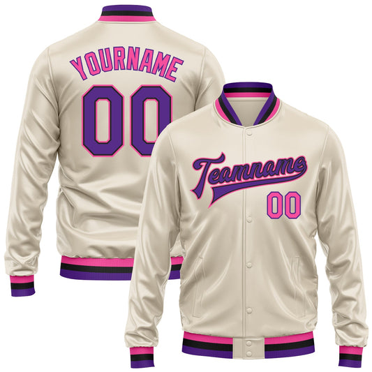 Custom Cream Purple Pink-Black Bomber Full-Snap Varsity Faux Leather Letterman Jacket - Main View