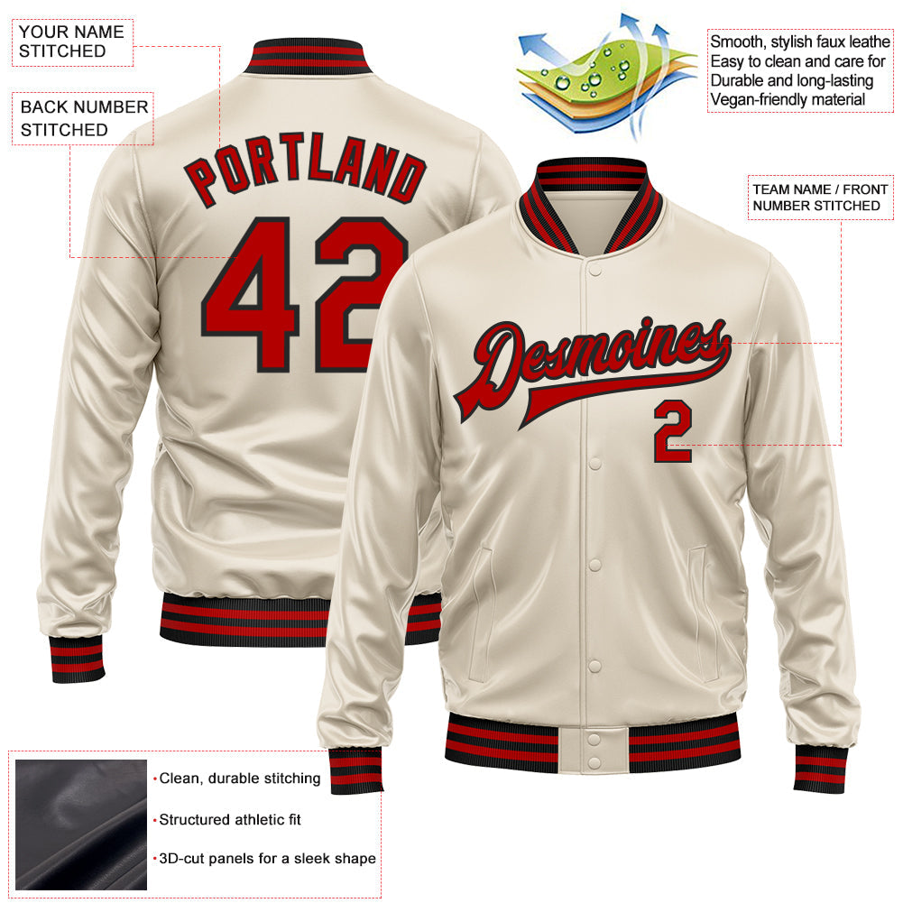 Custom Cream Red-Black Bomber Full-Snap Varsity Faux Leather Letterman Jacket view 2