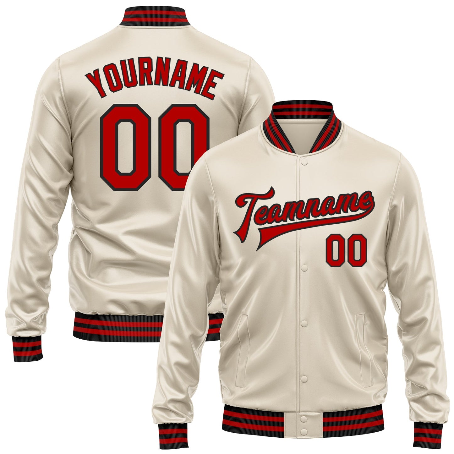 Custom Cream Red-Black Bomber Full-Snap Varsity Faux Leather Letterman Jacket - Main View