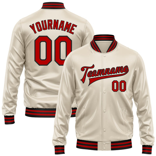 Custom Cream Red-Black Bomber Full-Snap Varsity Faux Leather Letterman Jacket - Main View