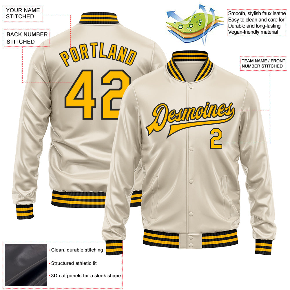 Custom Cream Gold-Black Bomber Full-Snap Varsity Faux Leather Letterman Jacket view 2