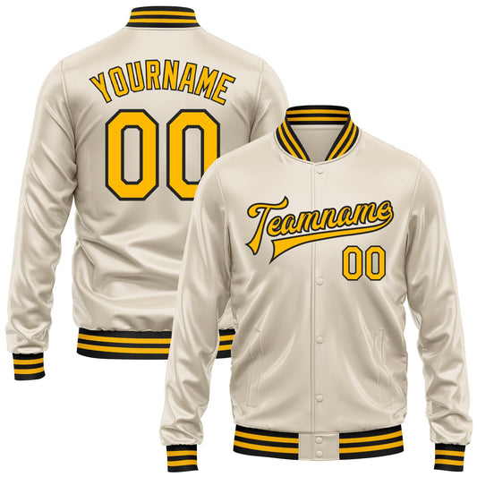 Custom Cream Gold-Black Bomber Full-Snap Varsity Faux Leather Letterman Jacket - Main View