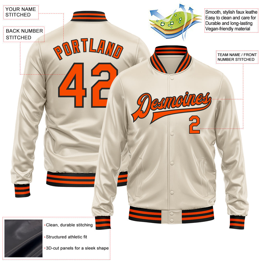 Custom Cream Orange-Black Bomber Full-Snap Varsity Faux Leather Letterman Jacket view 2