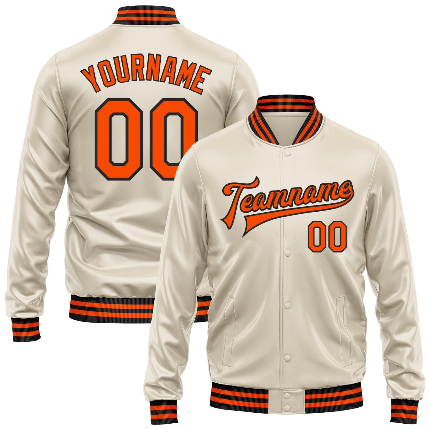 Custom Cream Orange-Black Bomber Full-Snap Varsity Faux Leather Letterman Jacket - Main View
