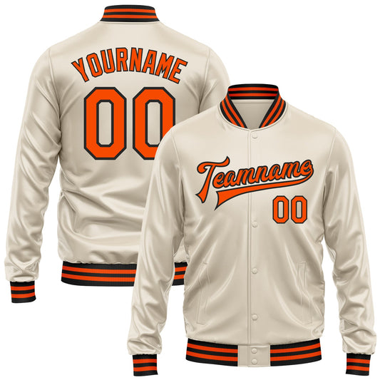 Custom Cream Orange-Black Bomber Full-Snap Varsity Faux Leather Letterman Jacket - Main View