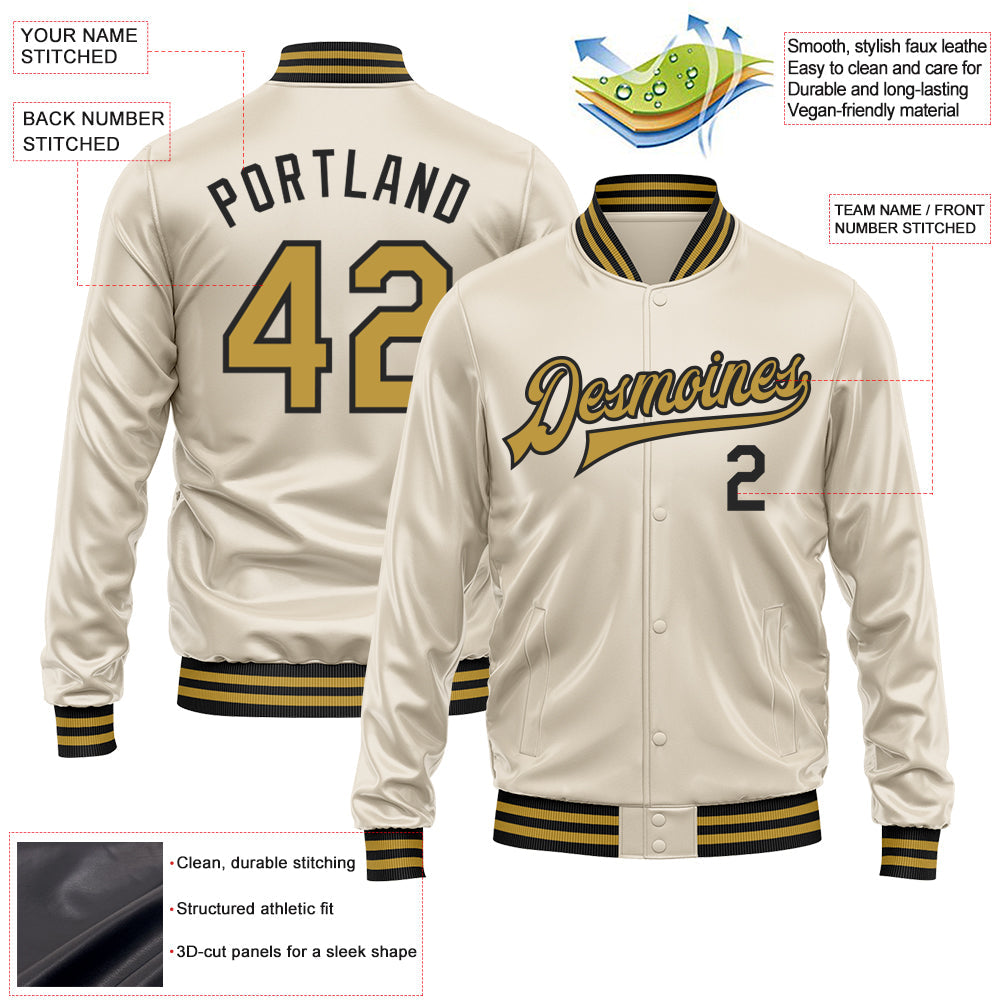 Custom Cream Old Gold-Black Bomber Full-Snap Varsity Faux Leather Letterman Jacket view 2