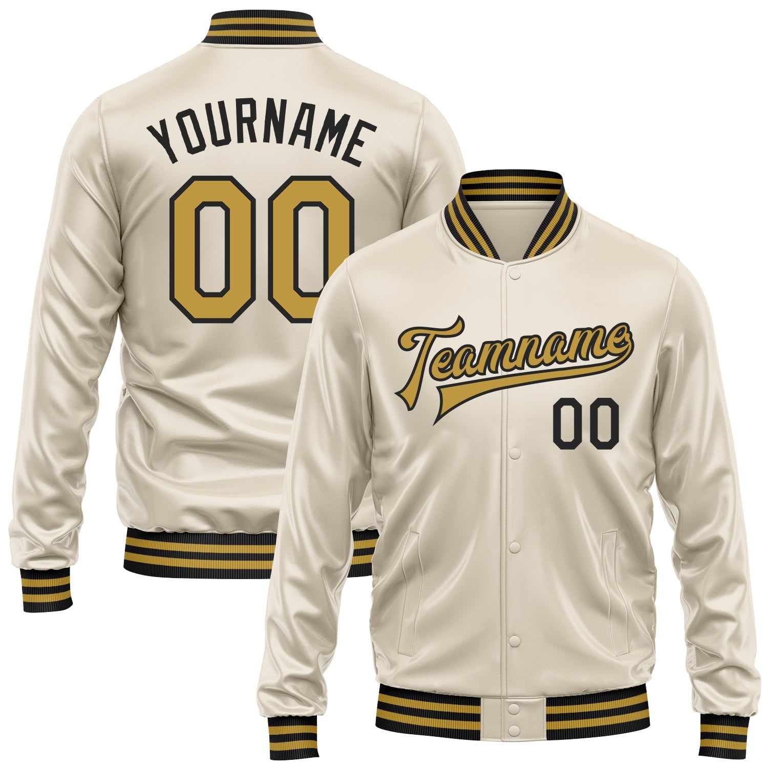 Custom Cream Old Gold-Black Bomber Full-Snap Varsity Faux Leather Letterman Jacket - Main View