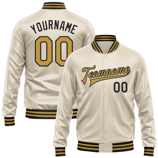 Custom Cream Old Gold-Black Bomber Full-Snap Varsity Faux Leather Letterman Jacket - Main View