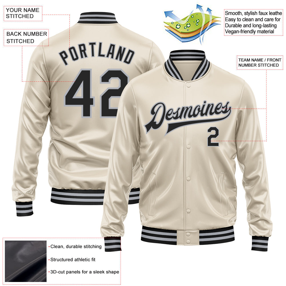 Custom Cream Black-Gray Bomber Full-Snap Varsity Faux Leather Letterman Jacket view 2