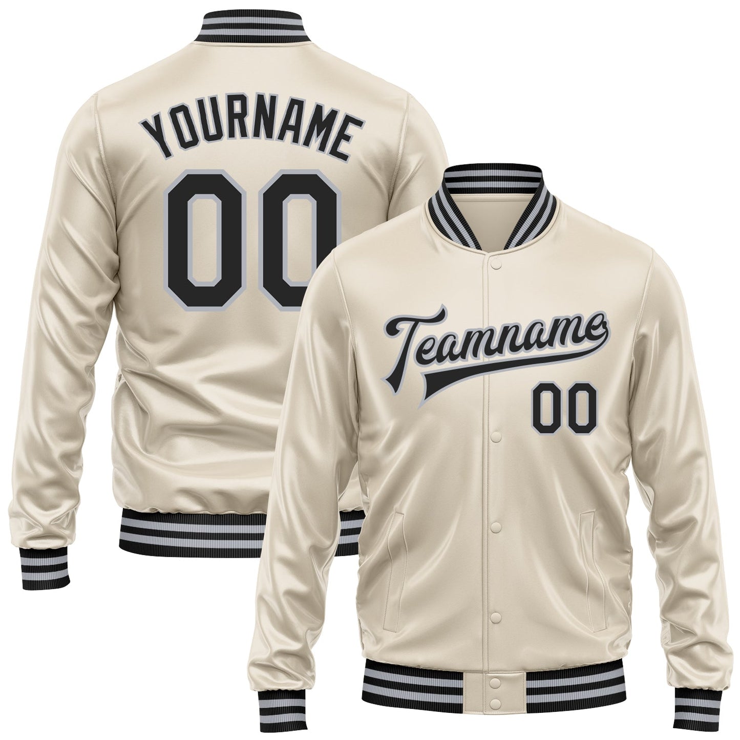 Custom Cream Black-Gray Bomber Full-Snap Varsity Faux Leather Letterman Jacket - Main View