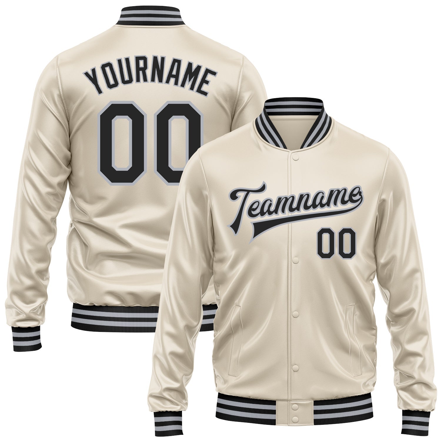 Custom Cream Black-Gray Bomber Full-Snap Varsity Faux Leather Letterman Jacket - Main View