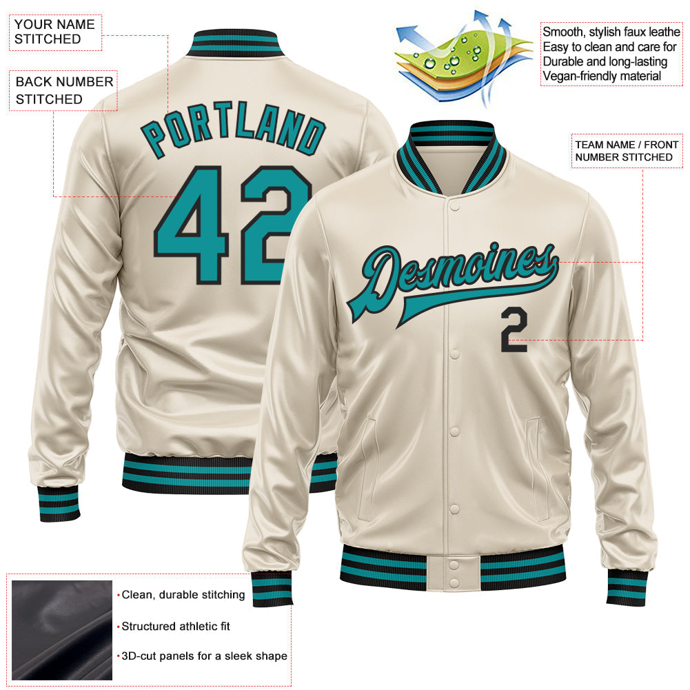 Custom Cream Teal-Black Bomber Full-Snap Varsity Faux Leather Letterman Jacket view 2