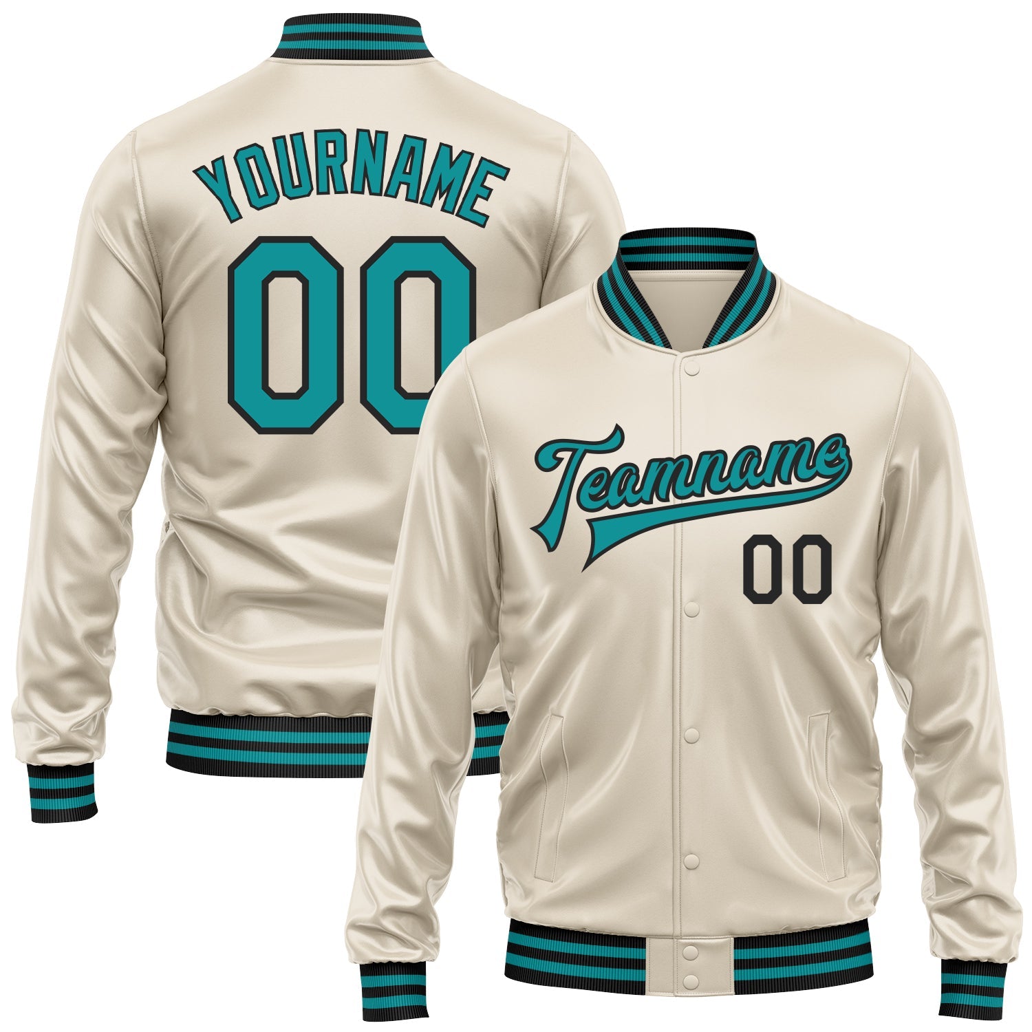 Custom Cream Teal-Black Bomber Full-Snap Varsity Faux Leather Letterman Jacket - Main View
