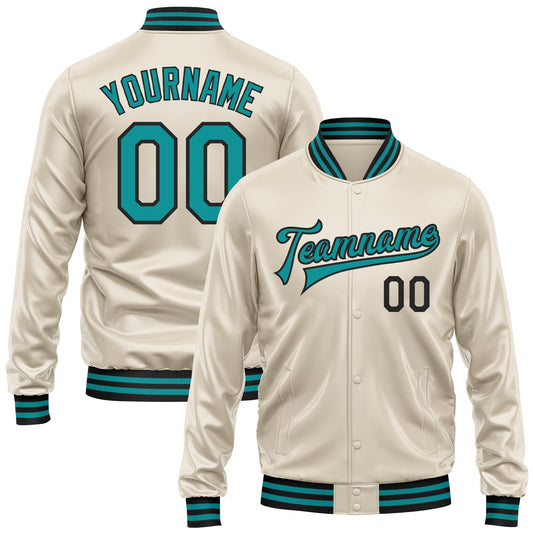 Custom Cream Teal-Black Bomber Full-Snap Varsity Faux Leather Letterman Jacket - Main View