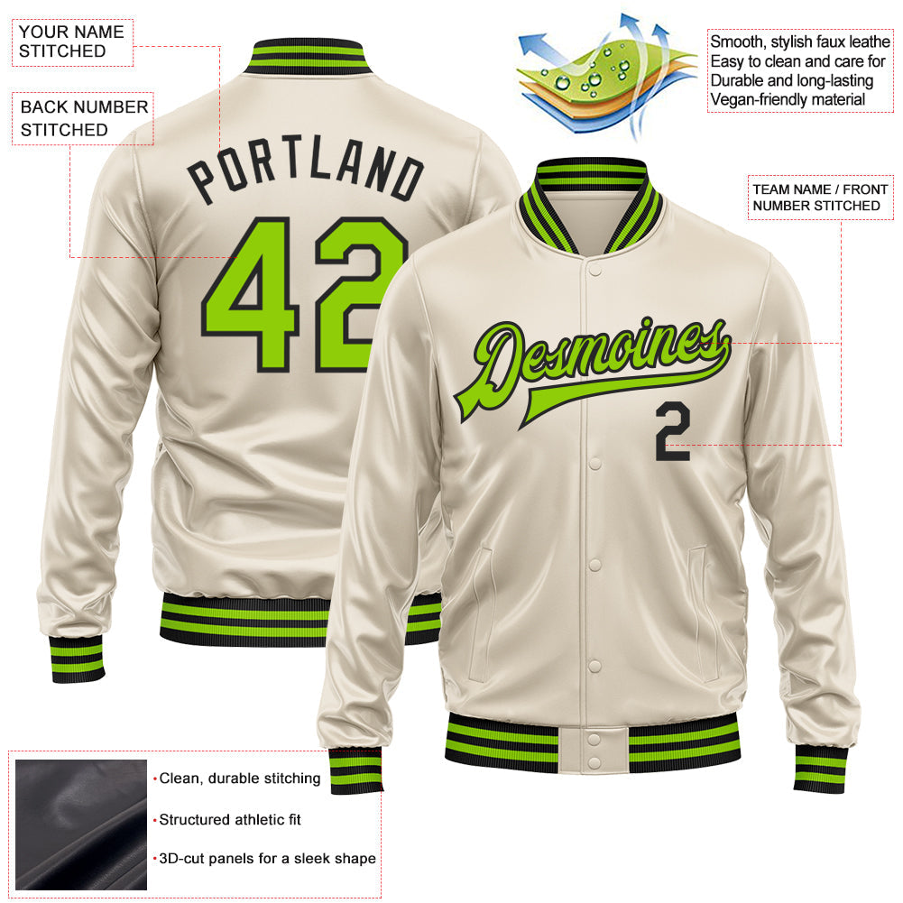 Custom Cream Neon Green-Black Bomber Full-Snap Varsity Faux Leather Letterman Jacket view 2