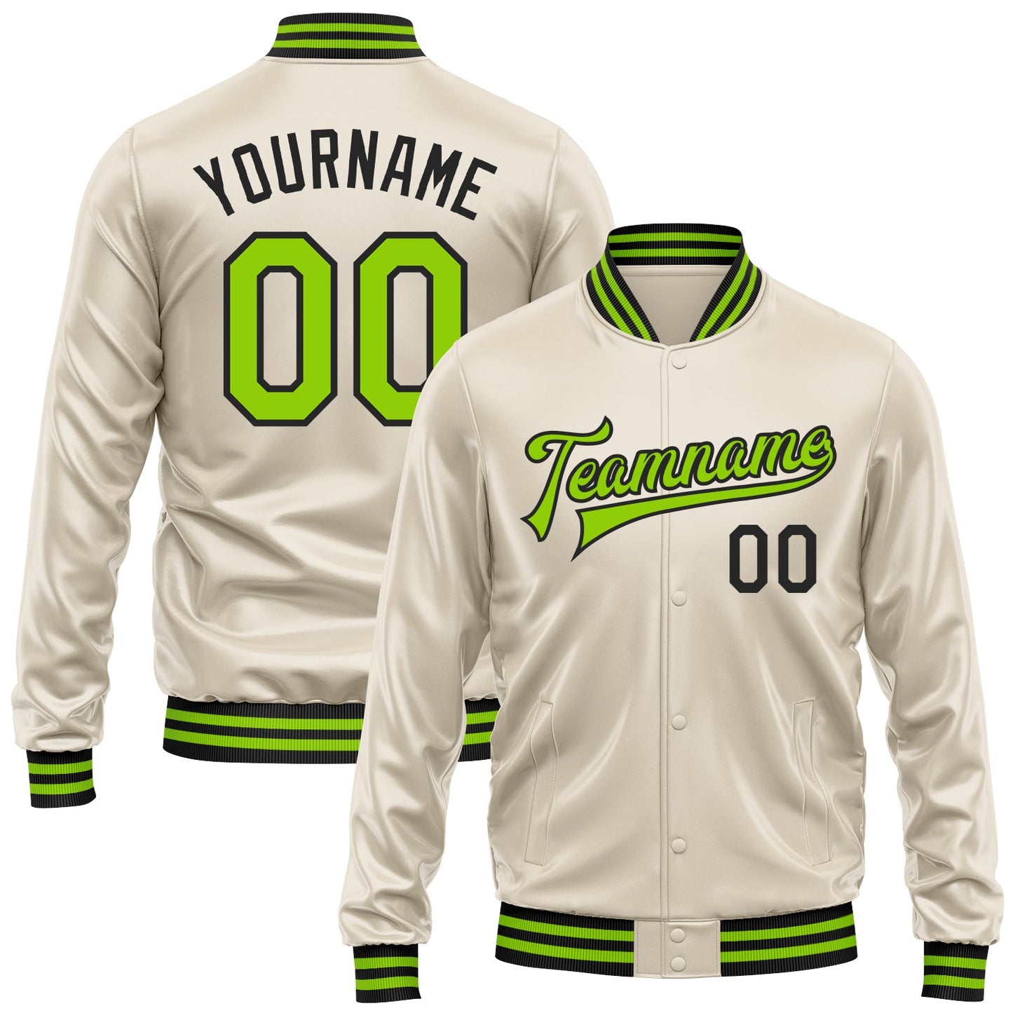 Custom Cream Neon Green-Black Bomber Full-Snap Varsity Faux Leather Letterman Jacket - Main View