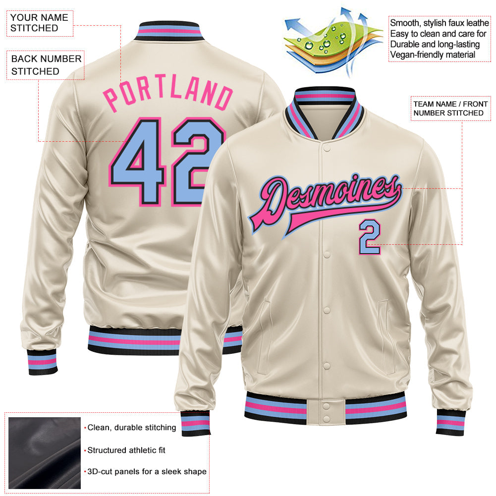 Custom Cream Light Blue Pink-Black Bomber Full-Snap Varsity Faux Leather Letterman Jacket view 2