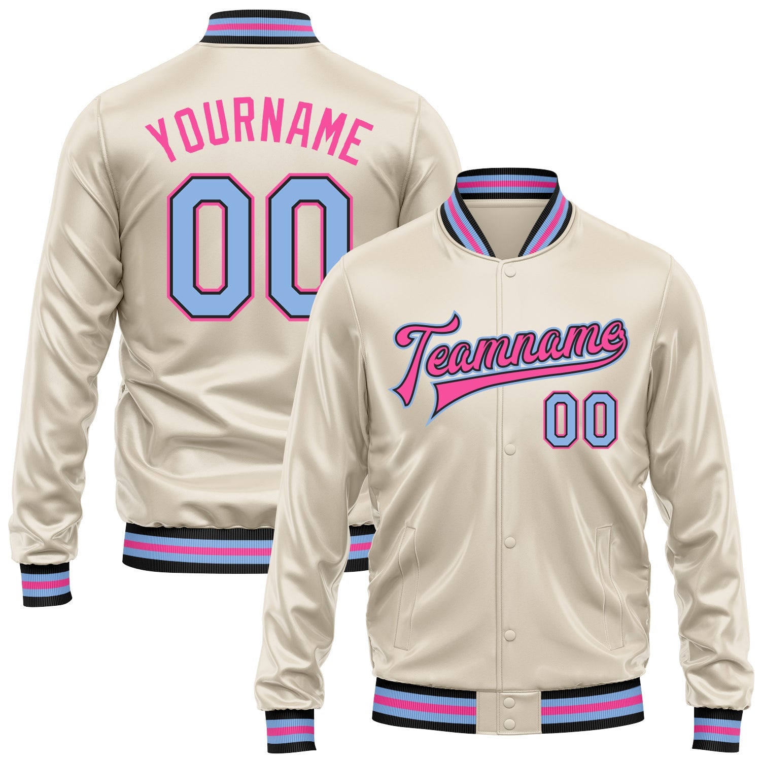 Custom Cream Light Blue Pink-Black Bomber Full-Snap Varsity Faux Leather Letterman Jacket - Main View