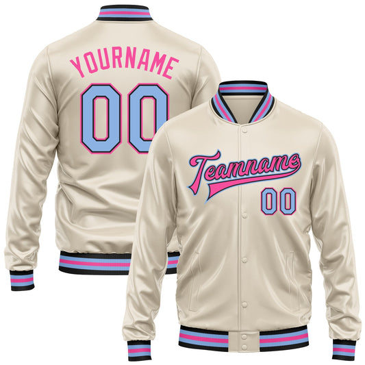 Custom Cream Light Blue Pink-Black Bomber Full-Snap Varsity Faux Leather Letterman Jacket - Main View