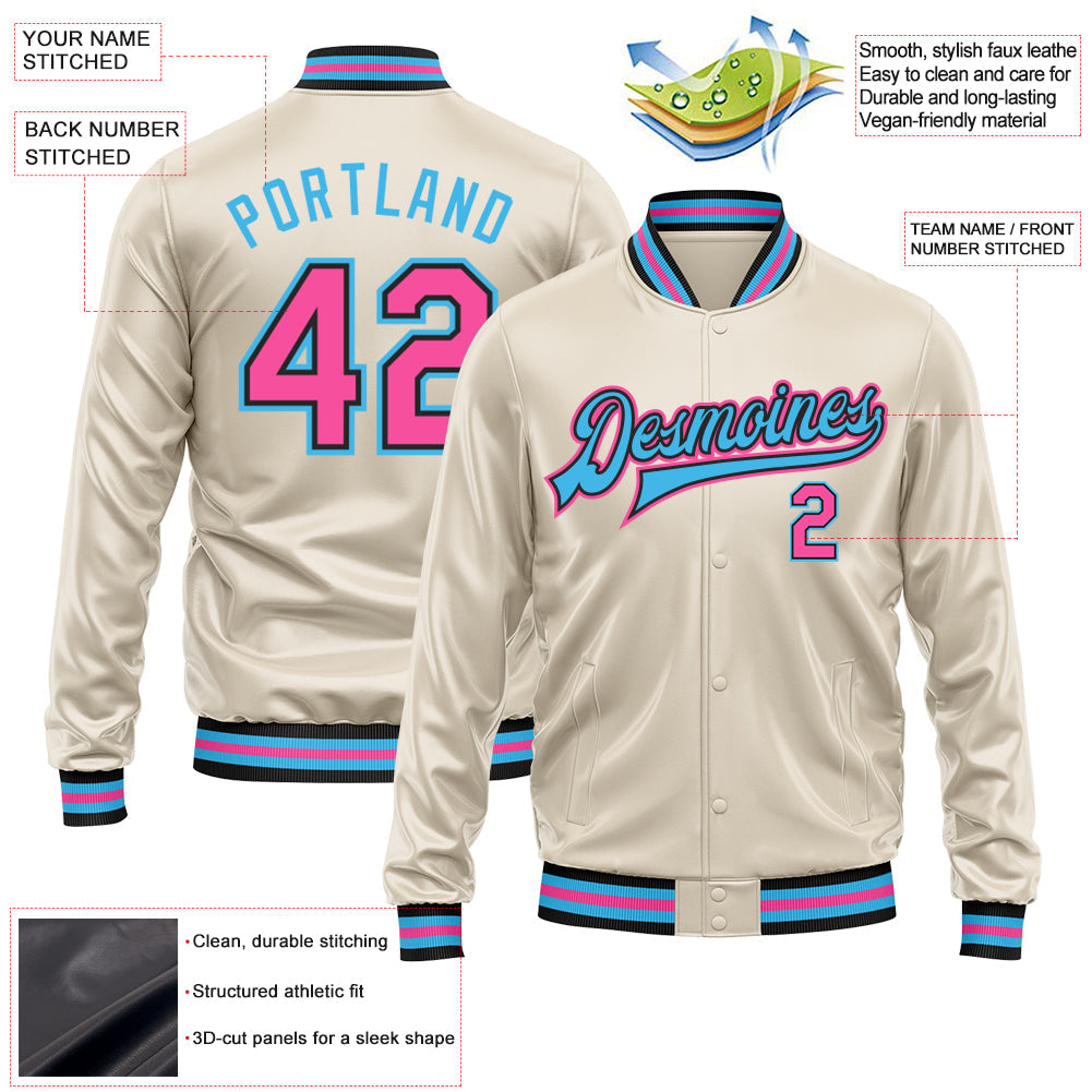 Custom Cream Pink Sky Blue-Black Bomber Full-Snap Varsity Faux Leather Letterman Jacket view 2