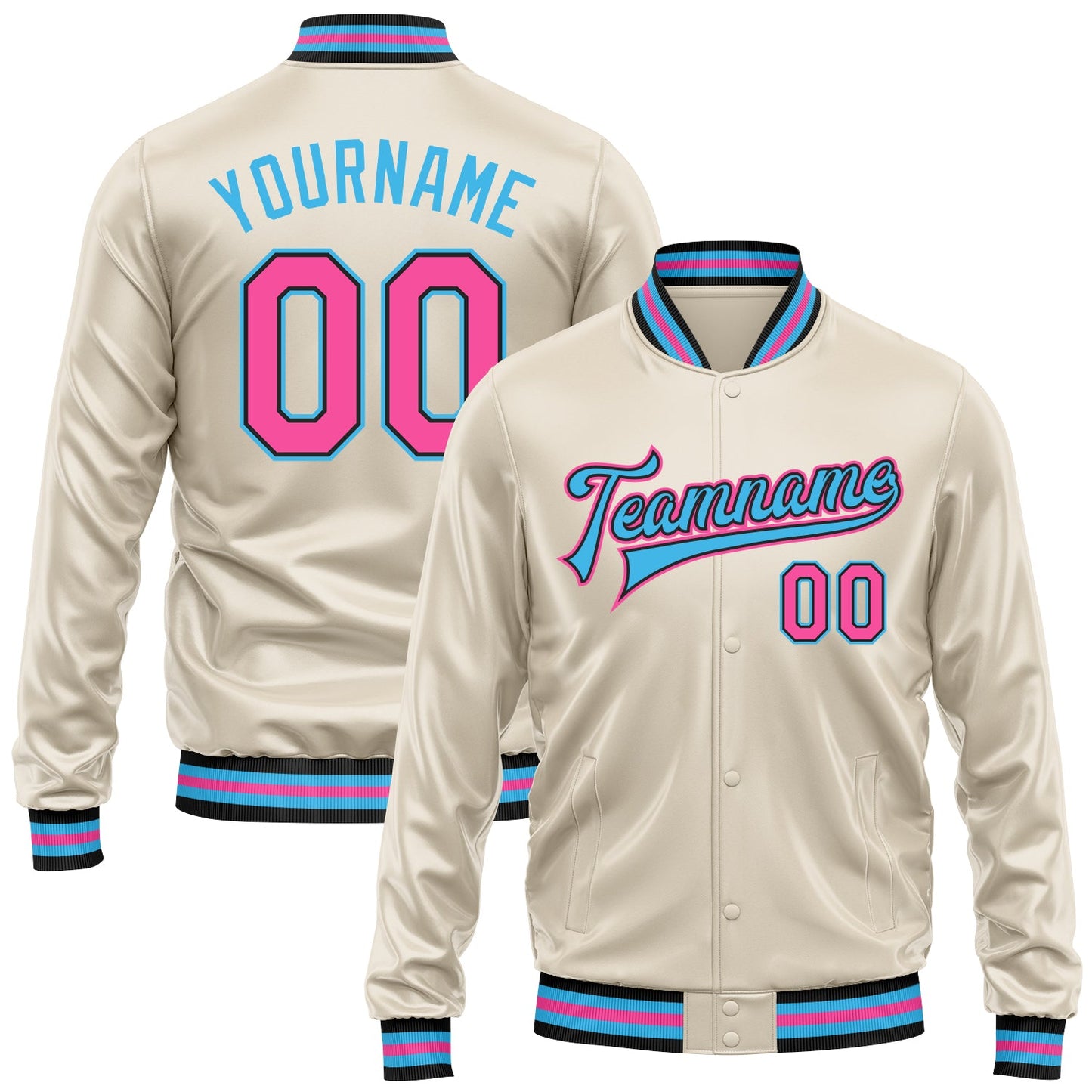 Custom Cream Pink Sky Blue-Black Bomber Full-Snap Varsity Faux Leather Letterman Jacket - Main View
