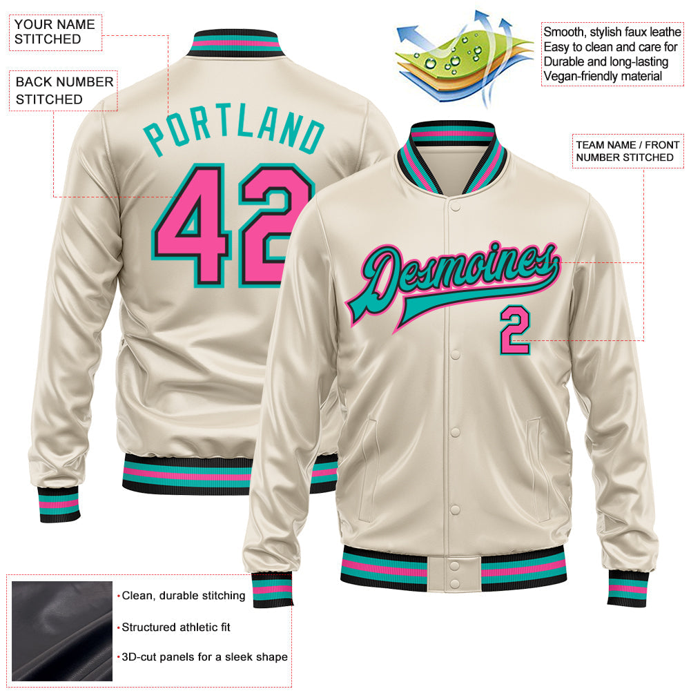 Custom Cream Pink Aqua-Black Bomber Full-Snap Varsity Faux Leather Letterman Jacket view 2