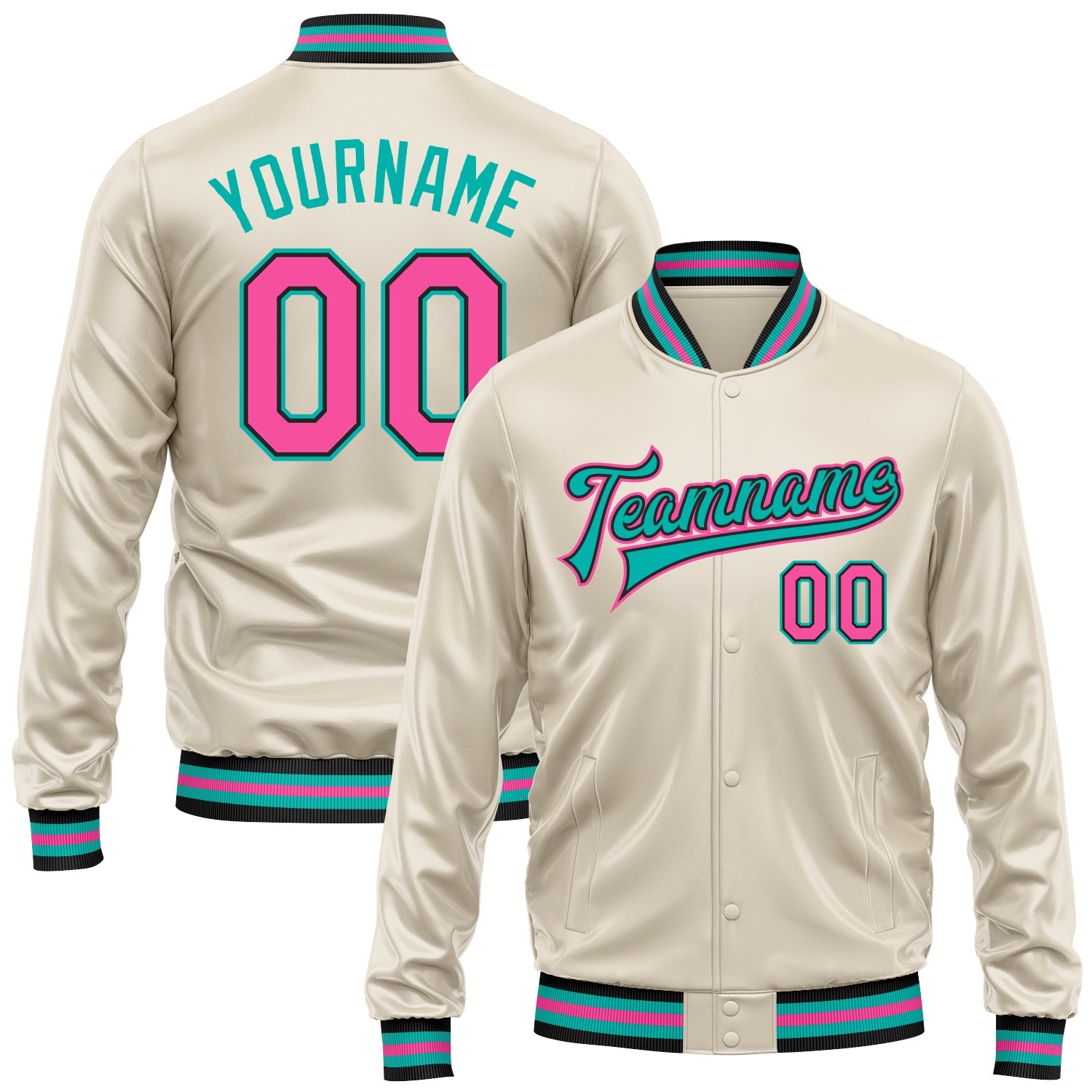 Custom Cream Pink Aqua-Black Bomber Full-Snap Varsity Faux Leather Letterman Jacket - Main View