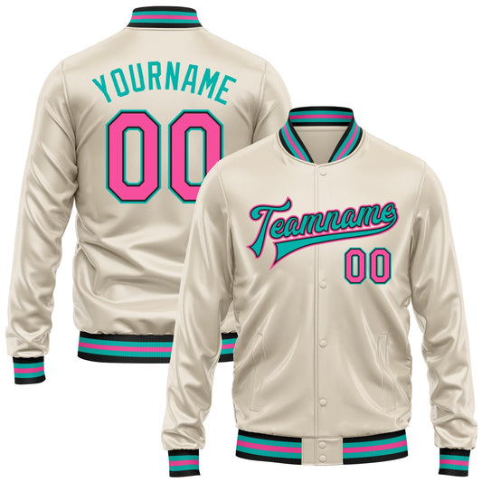 Custom Cream Pink Aqua-Black Bomber Full-Snap Varsity Faux Leather Letterman Jacket - Main View