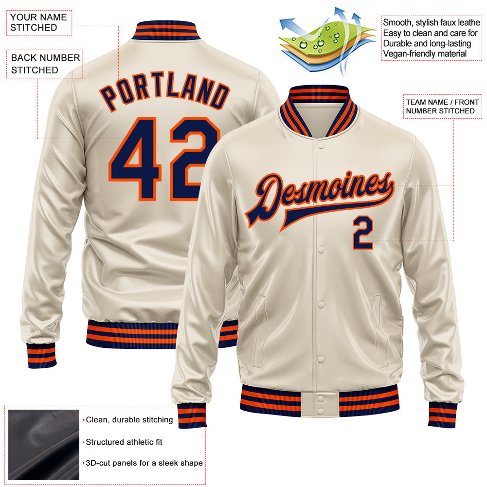 Custom Cream Navy-Orange Bomber Full-Snap Varsity Faux Leather Letterman Jacket view 2