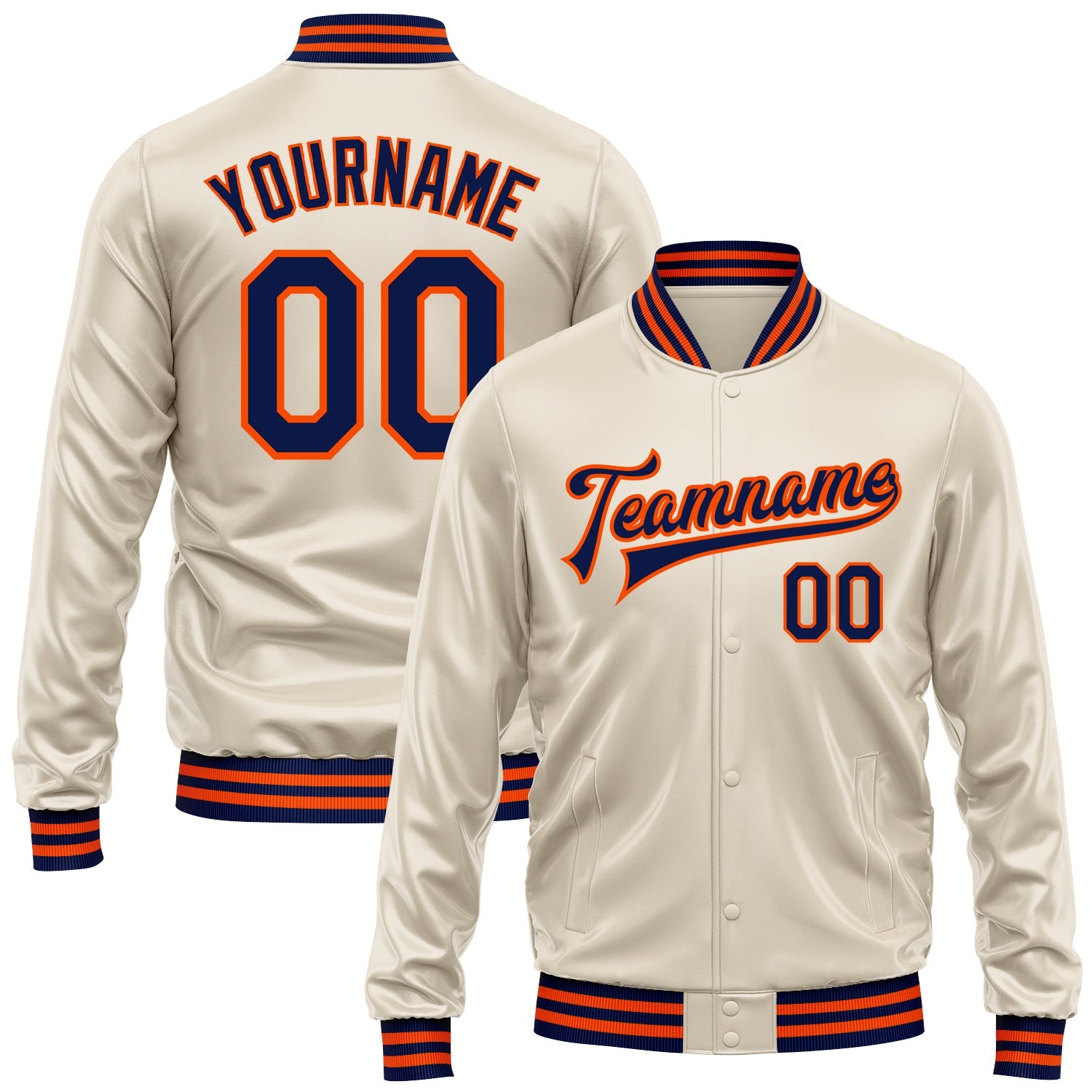 Custom Cream Navy-Orange Bomber Full-Snap Varsity Faux Leather Letterman Jacket - Main View