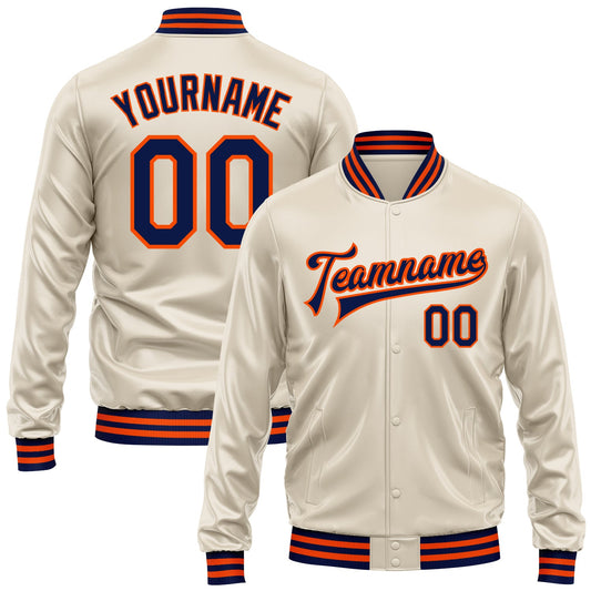 Custom Cream Navy-Orange Bomber Full-Snap Varsity Faux Leather Letterman Jacket - Main View