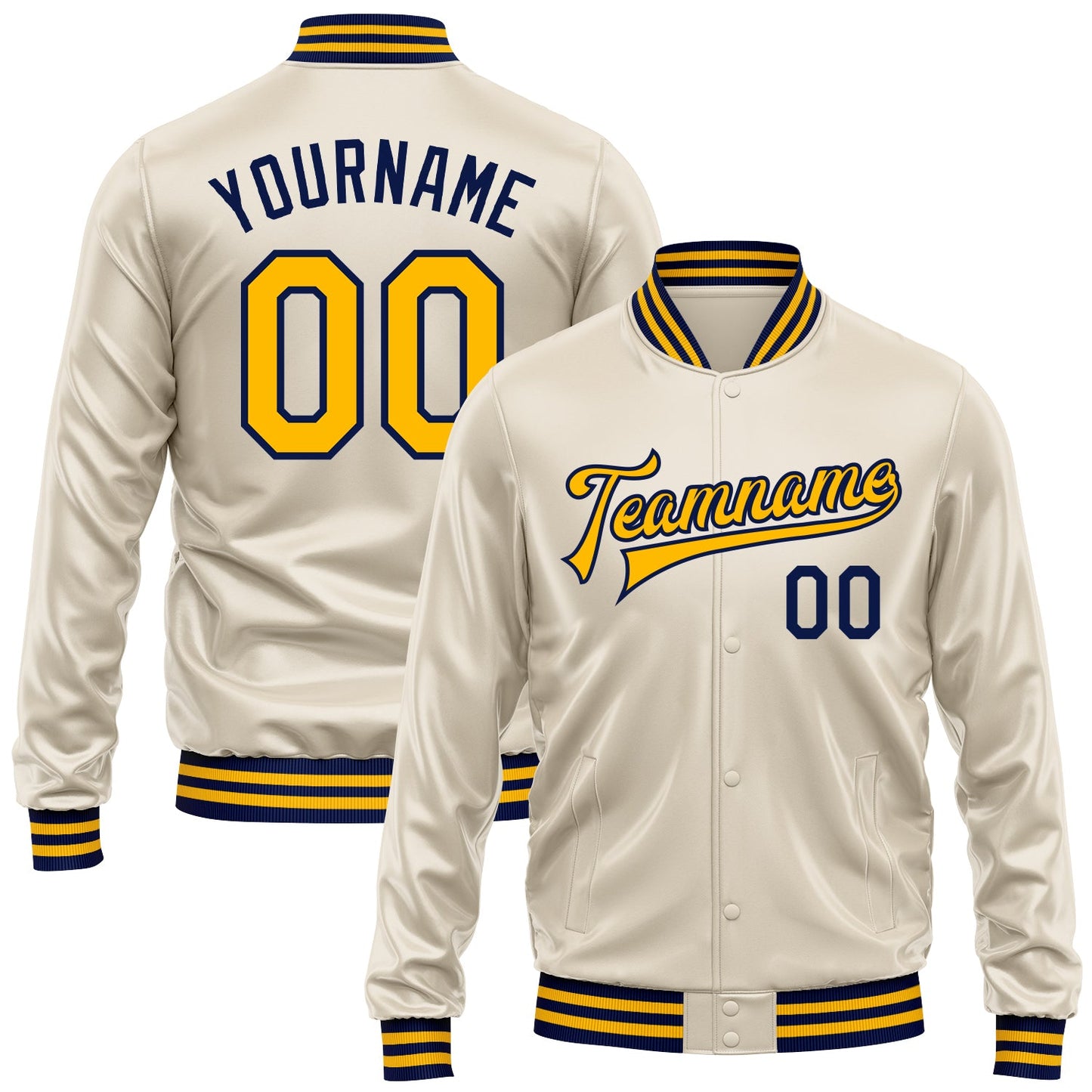 Custom Cream Gold-Navy Bomber Full-Snap Varsity Faux Leather Letterman Jacket - Main View