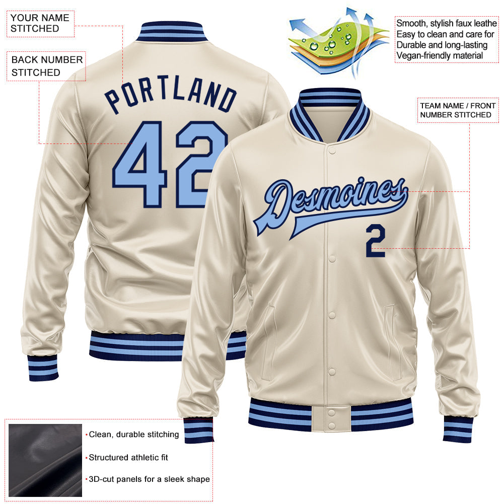 Custom Cream Light Blue-Navy Bomber Full-Snap Varsity Faux Leather Letterman Jacket view 2
