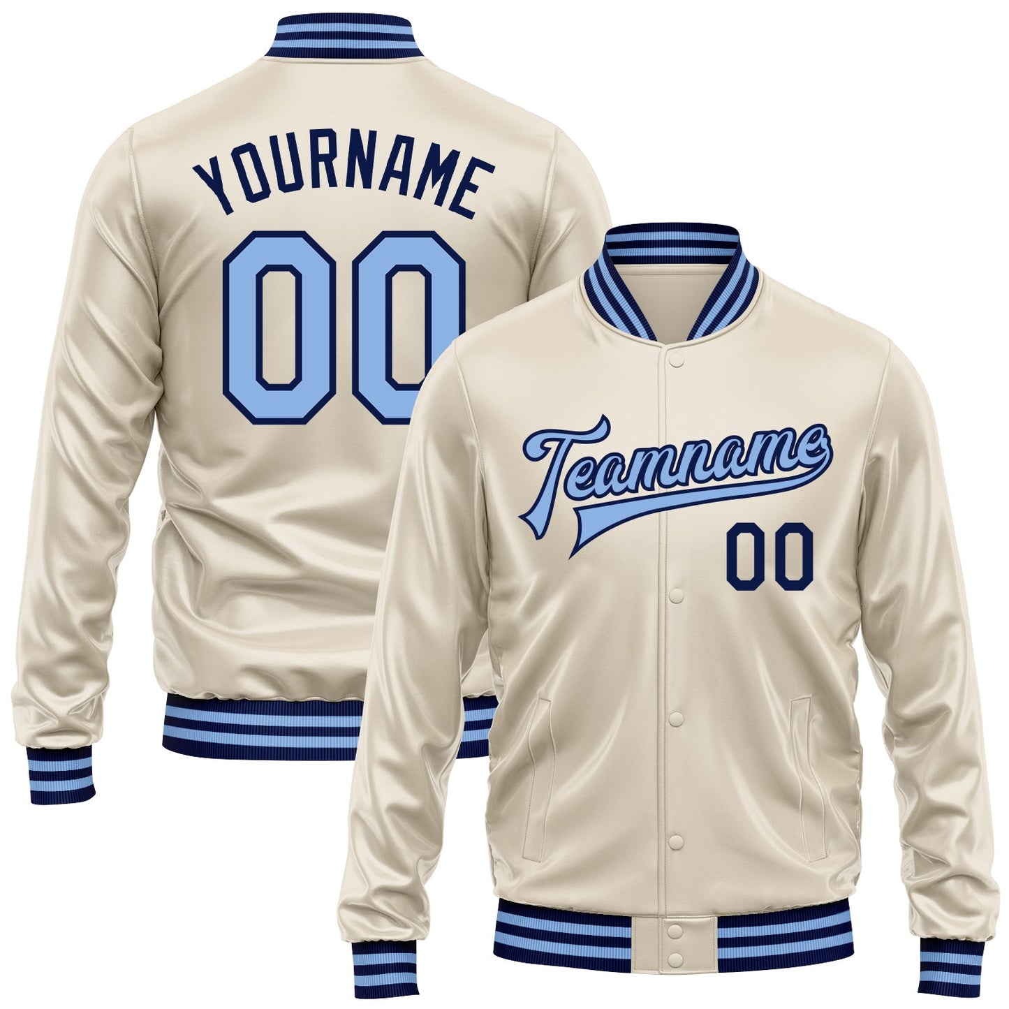 Custom Cream Light Blue-Navy Bomber Full-Snap Varsity Faux Leather Letterman Jacket - Main View