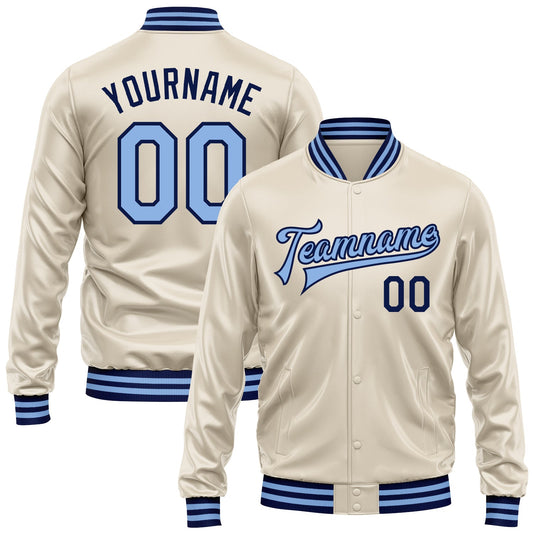 Custom Cream Light Blue-Navy Bomber Full-Snap Varsity Faux Leather Letterman Jacket - Main View