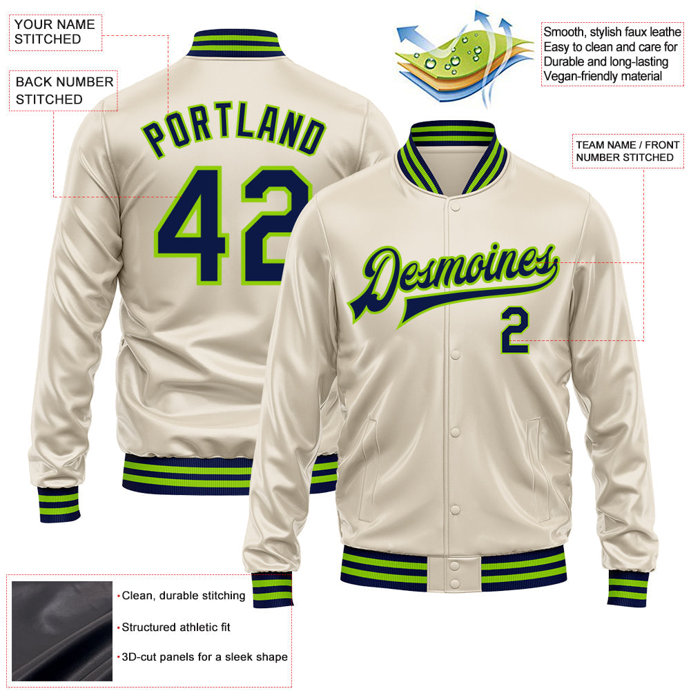 Custom Cream Navy-Neon Green Bomber Full-Snap Varsity Faux Leather Letterman Jacket view 2