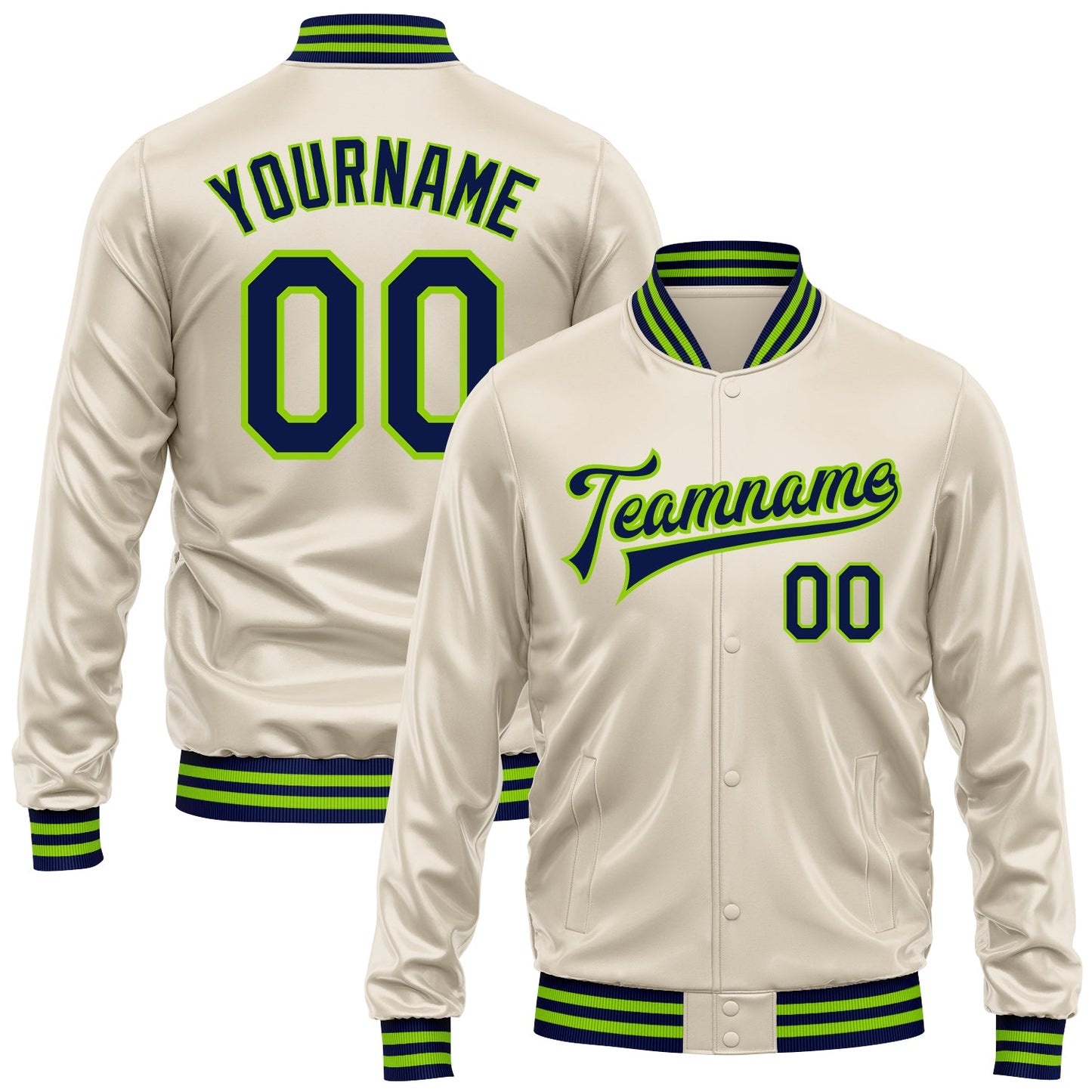 Custom Cream Navy-Neon Green Bomber Full-Snap Varsity Faux Leather Letterman Jacket - Main View
