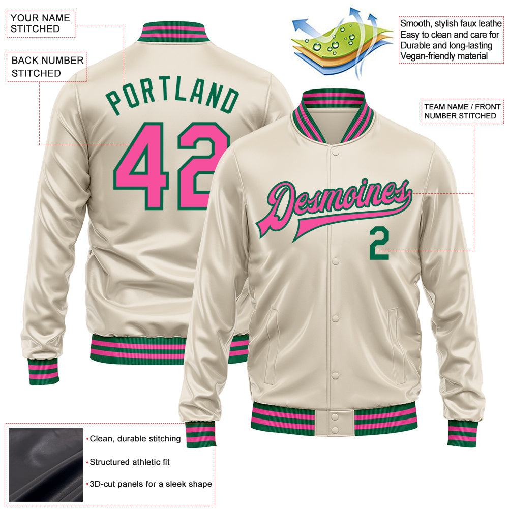 Custom Cream Pink-Kelly Green Bomber Full-Snap Varsity Faux Leather Letterman Jacket view 2