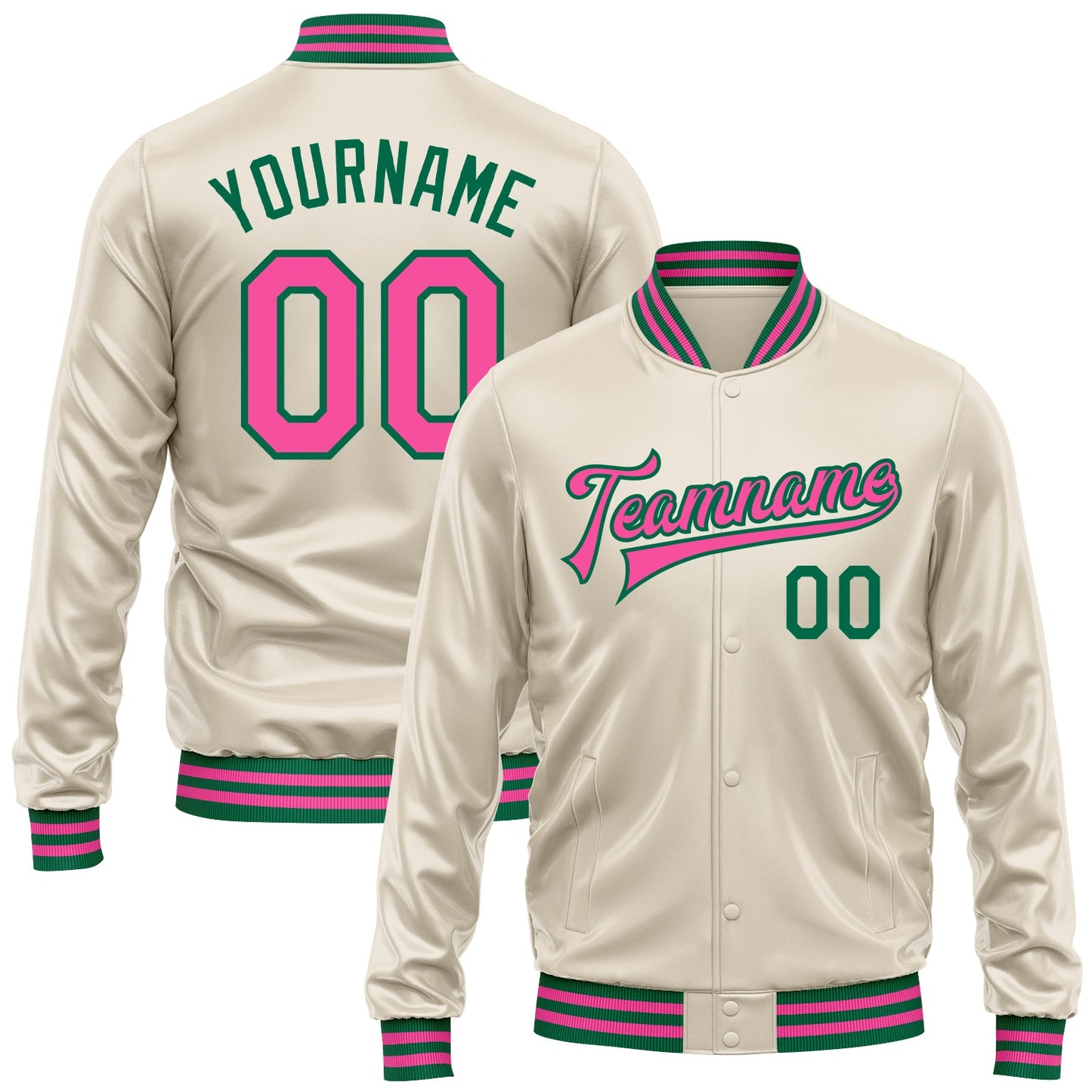 Custom Cream Pink-Kelly Green Bomber Full-Snap Varsity Faux Leather Letterman Jacket - Main View