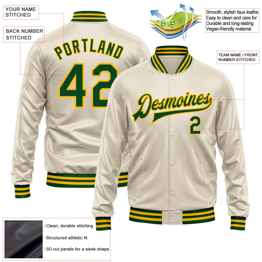 Custom Cream Green-Gold Bomber Full-Snap Varsity Faux Leather Letterman Jacket view 2