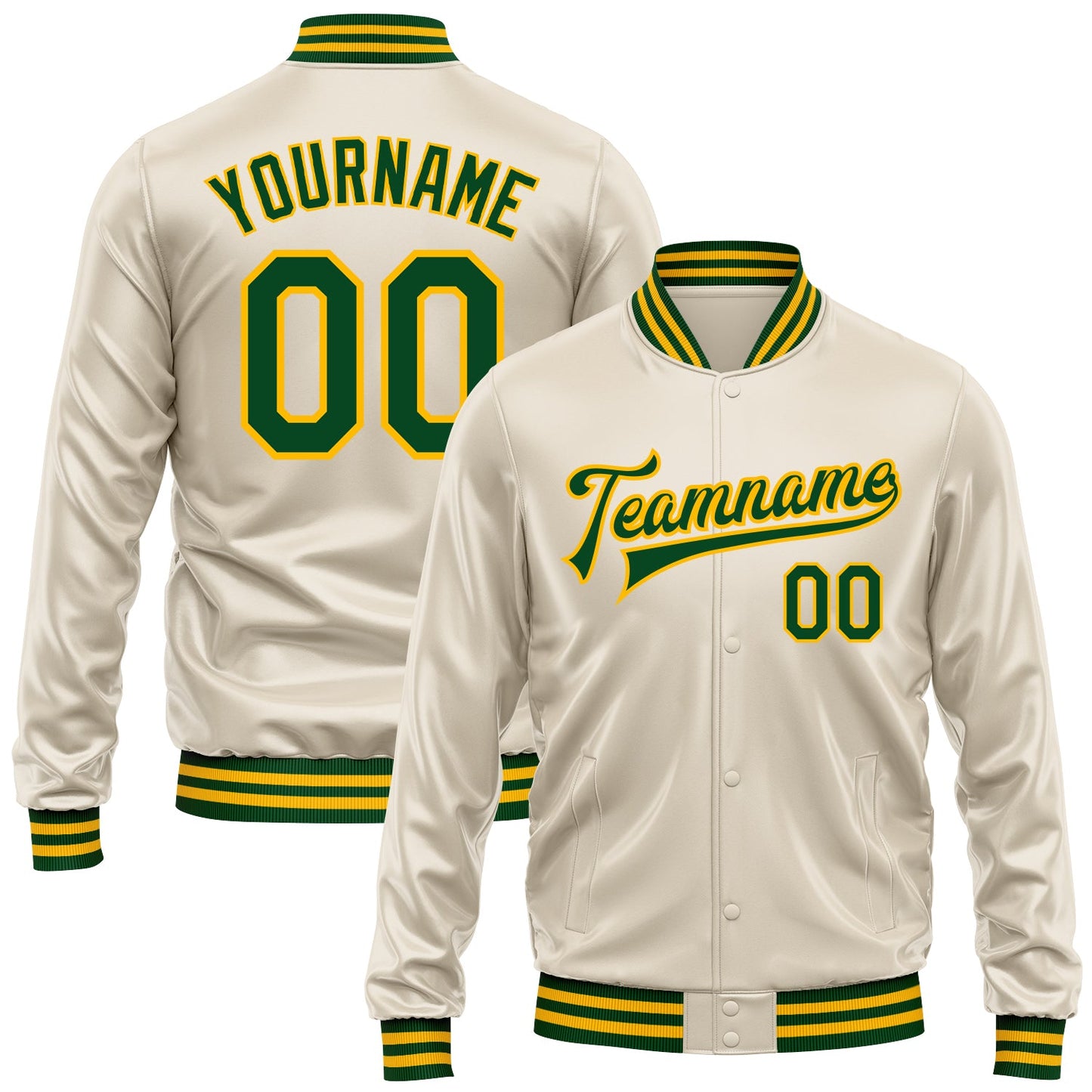 Custom Cream Green-Gold Bomber Full-Snap Varsity Faux Leather Letterman Jacket - Main View