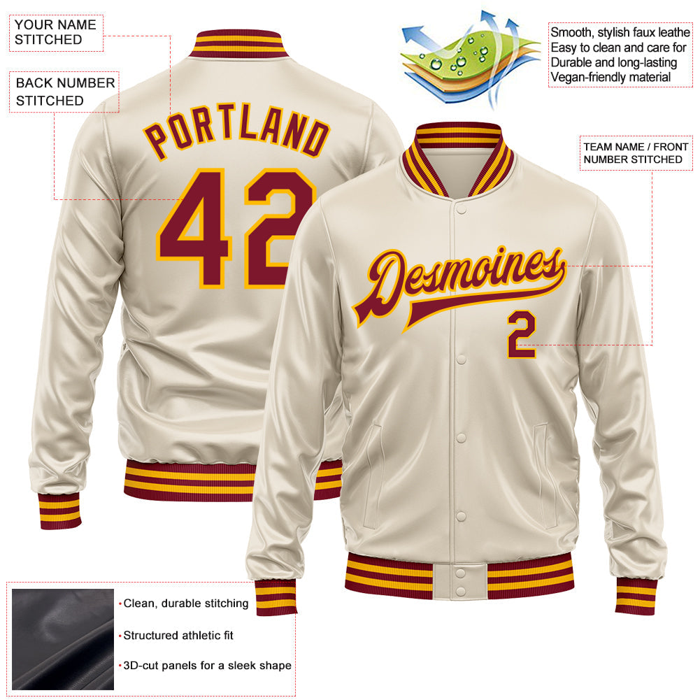 Custom Cream Crimson-Gold Bomber Full-Snap Varsity Faux Leather Letterman Jacket view 2