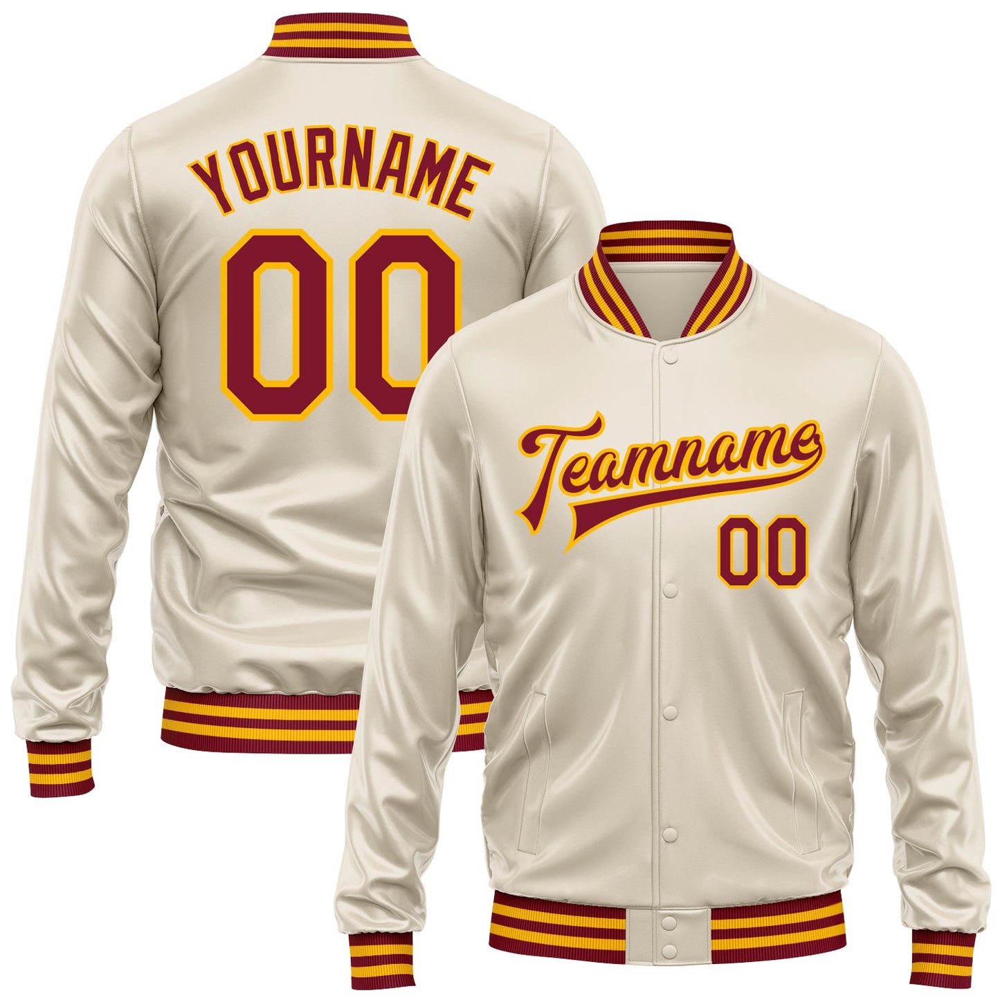 Custom Cream Crimson-Gold Bomber Full-Snap Varsity Faux Leather Letterman Jacket - Main View