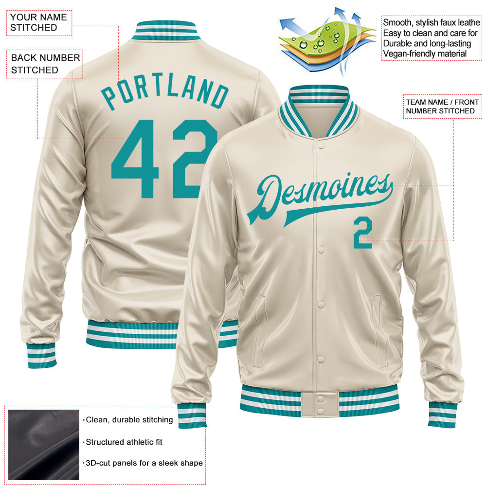 Custom Cream Teal Bomber Full-Snap Varsity Faux Leather Letterman Jacket view 2
