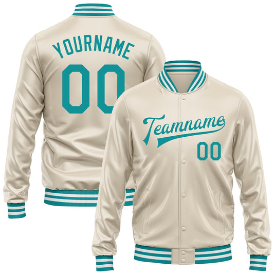 Custom Cream Teal Bomber Full-Snap Varsity Faux Leather Letterman Jacket - Main View