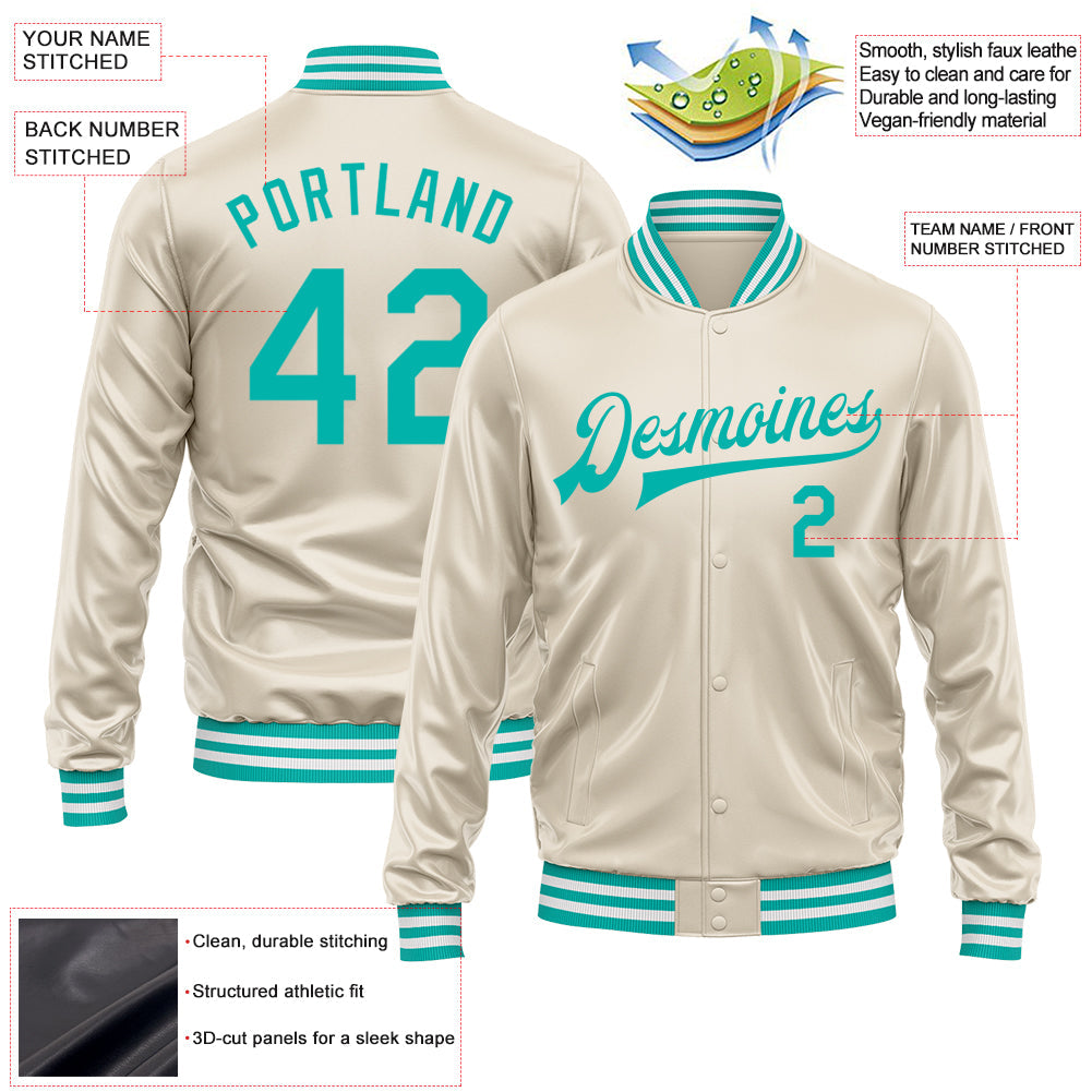 Custom Cream Aqua Bomber Full-Snap Varsity Faux Leather Letterman Jacket view 2