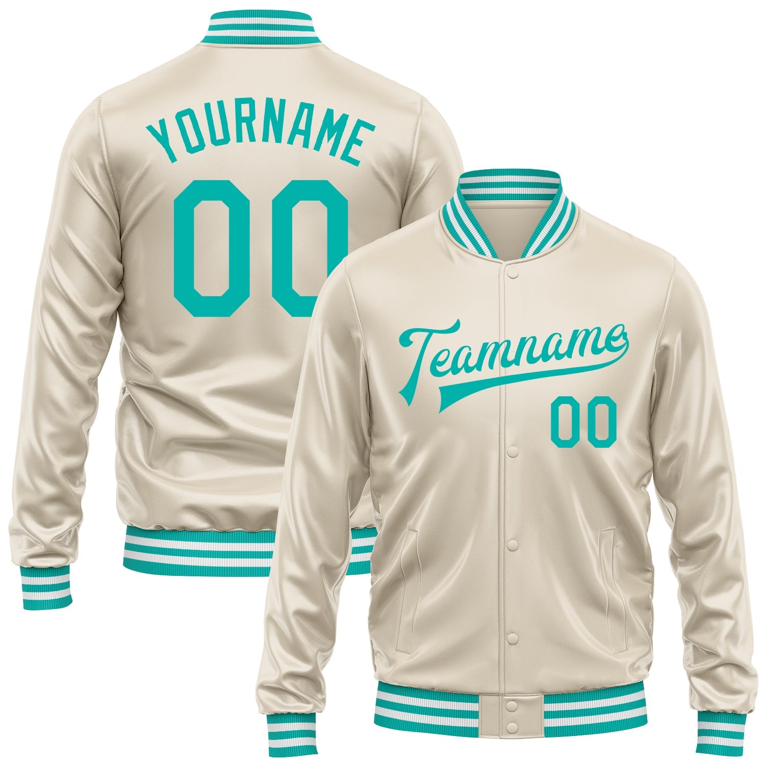 Custom Cream Aqua Bomber Full-Snap Varsity Faux Leather Letterman Jacket - Main View